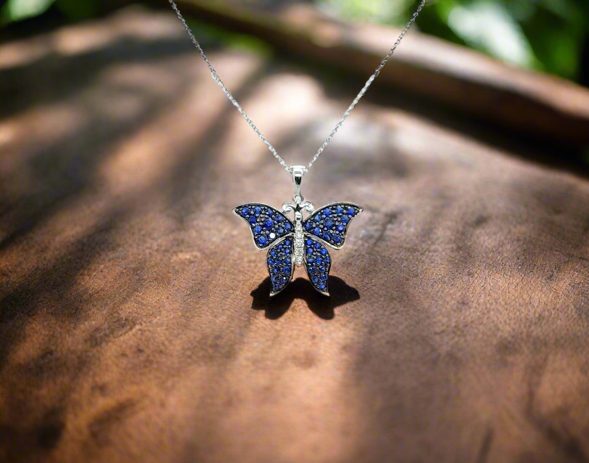 10K White Gold Blue Sapphire Diamond Butterfly Pendant 20149