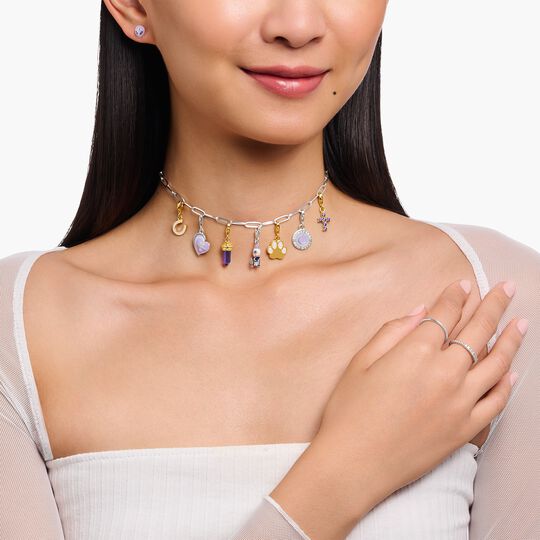 Thomas Sabo Sterling Silver 18K Yellow-Gold Plated Cross with Amethyst-Coloured Stones Charm 2036-414-13