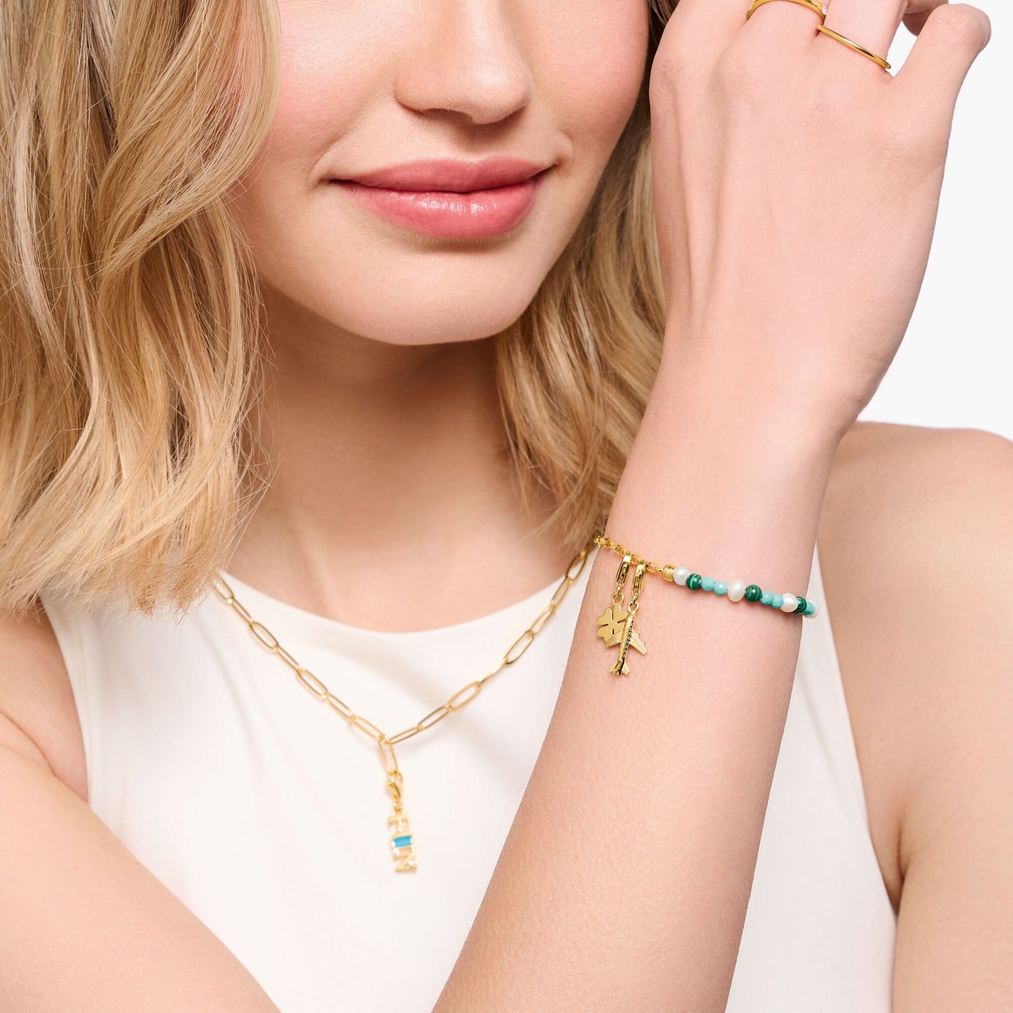 Thomas Sabo Member Charm Bracelet With White Pearls, Malachite And Charmista Disc Gold Plated A2130-140-7