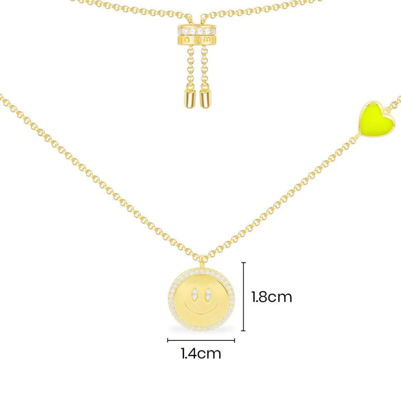 APM Adjustable Neon Yellow Heart & Happy Face Necklace Silver Gold-Plated AC5853XFYY