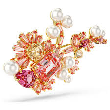 Swarovski Gema brooch Crystal pearl, Mixed cuts, Flower, Pink, Gold-tone plated 5688478
