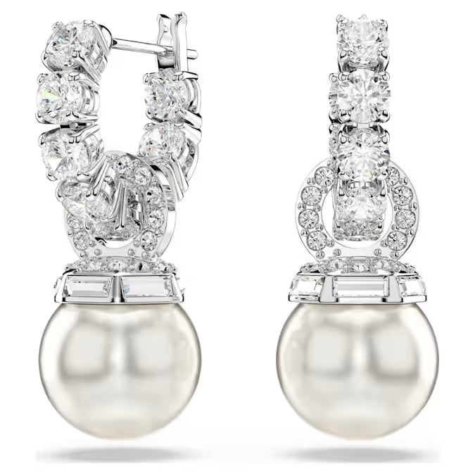 Swarovski Matrix Drop Earrings Crystal Pearl, Round Cut, White, Rhodium Plated 5691716