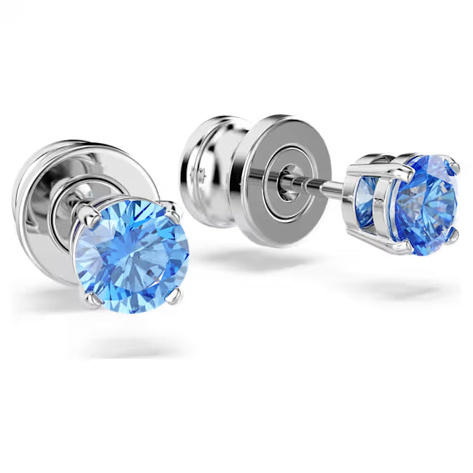 Swarovski Stilla Attract Stud Earrings Round Cut, Blue, Rhodium Plated 5734250