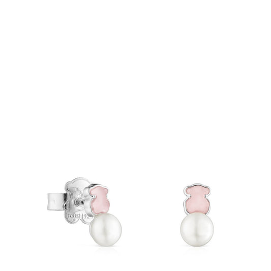 Tous Mini Color Earrings in Silver with rose Quartzite and Pearl 915433690