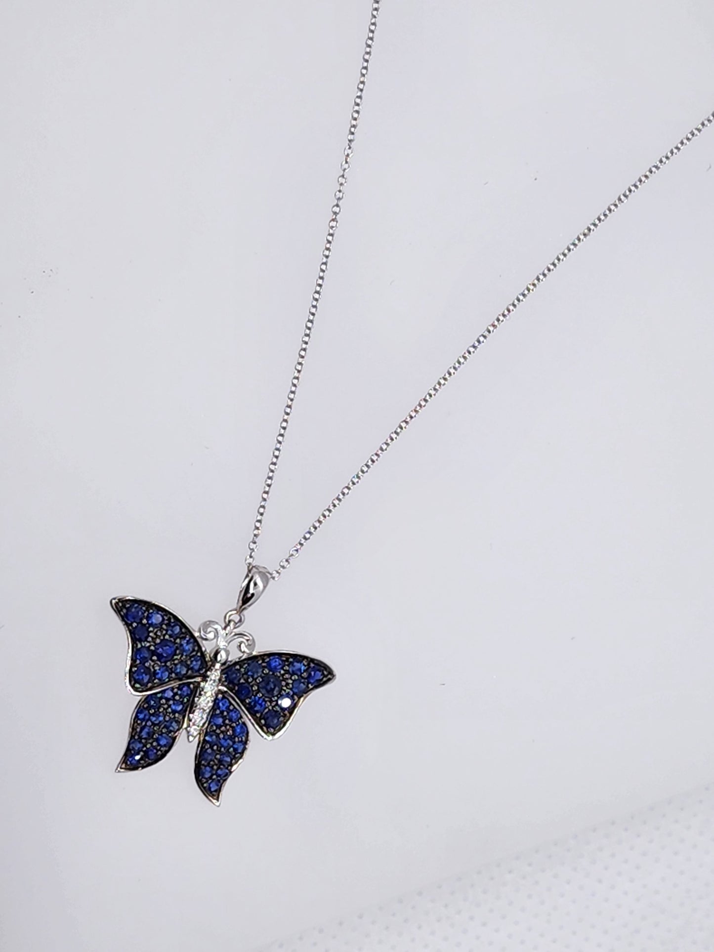 10K White Gold Blue Sapphire Diamond Butterfly Pendant 20149