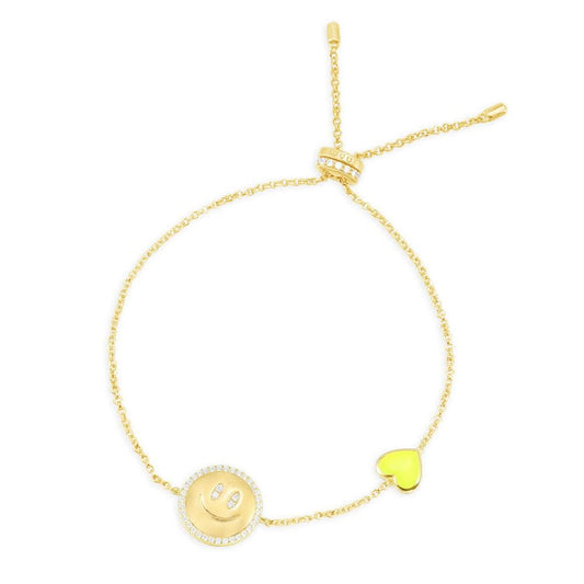 APM Neon Yellow Heart & Happy  Face Adjustable Bracelet AB4394XFYY