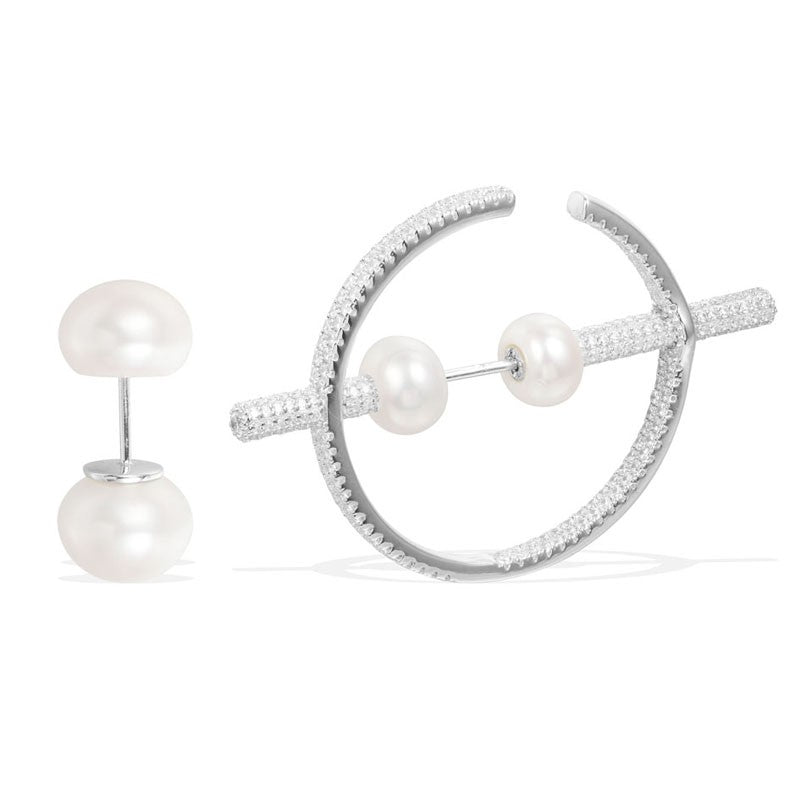 APM Asymmetric Silver & Pearl Earrings AE9687XPL