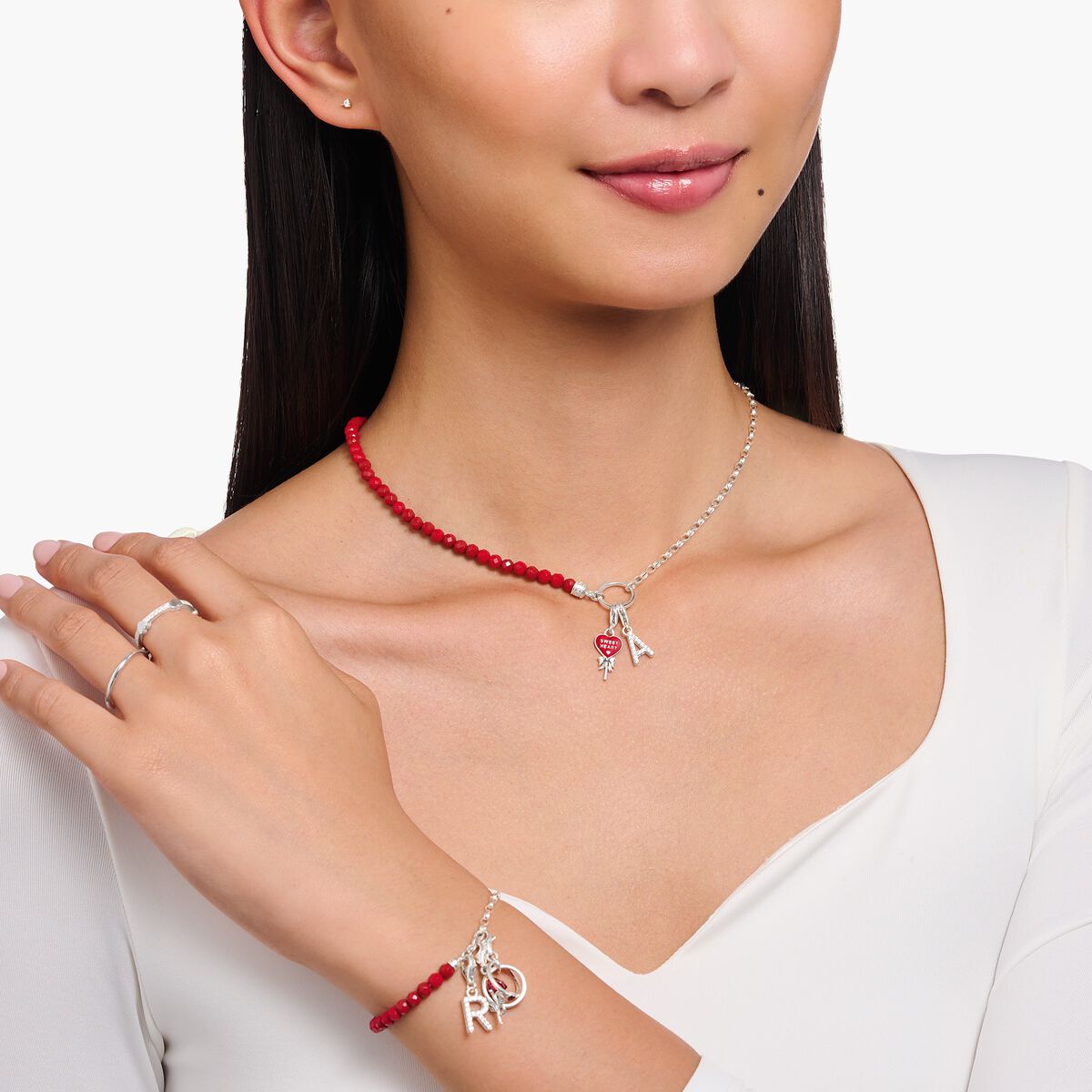 Thomas Sabo Silver charm necklace with red beads KE2190-007-10-L45V