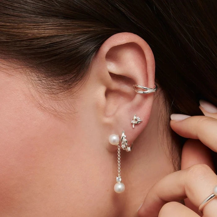 Thomas Sabo Sterling Silver Single Leaves Hoop Earring With White Zirconia Stones CR681-051-14