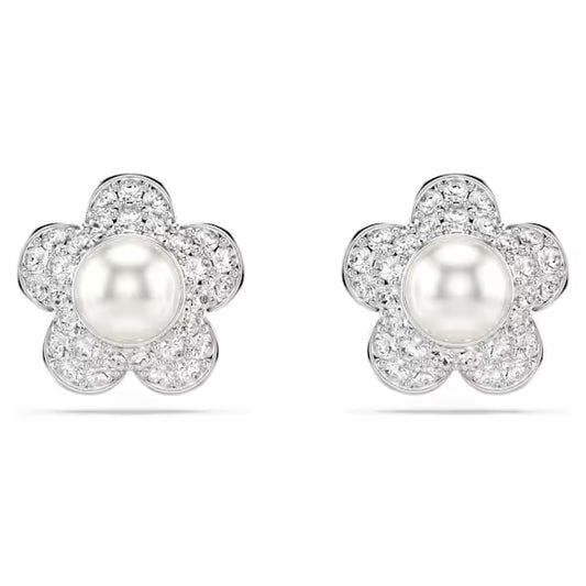Ariana Grande x Swarovski stud earrings Crystal pearl, Round cut, Flower, White, Rhodium plated 5756098