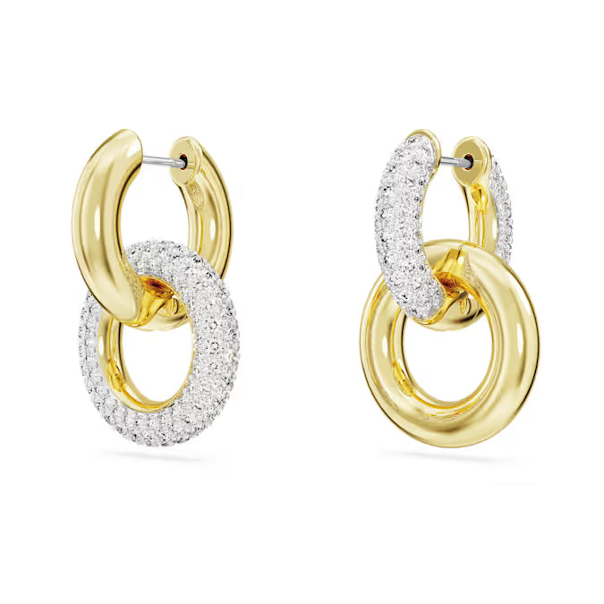 Swarovski Dextera Hoop Earrings Asymmetrical Design, Interlocking Loop, White, Gold-Tone Plated 5668818