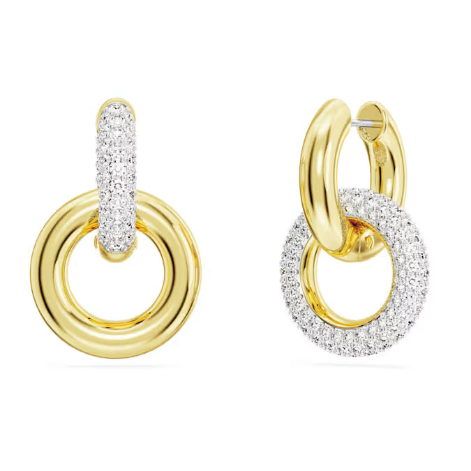 Swarovski Dextera Hoop Earrings Asymmetrical Design, Interlocking Loop, White, Gold-Tone Plated 5668818