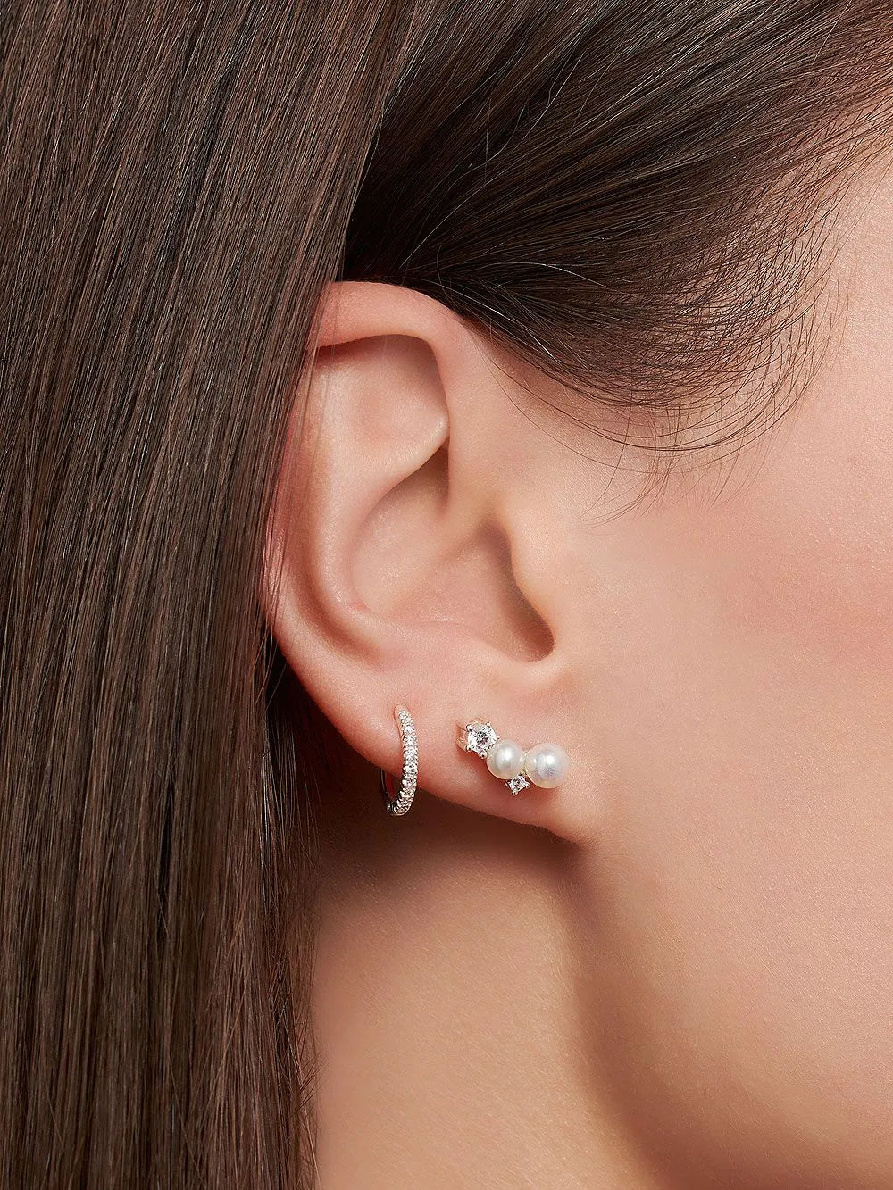 Thomas Sabo Sterling Silver Ear Climber Earrings With White Zirconia Stones Freshwater Pearl H2211-167-14
