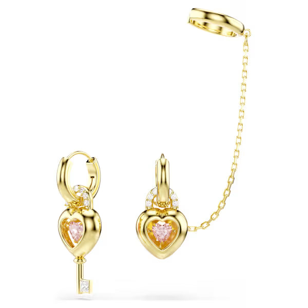 Swarovski Idyllia Drop Earrings with Ear Cuff Mixed Cuts, Heart with Key, Pink, 18k Gold-Plated Finish 5737294