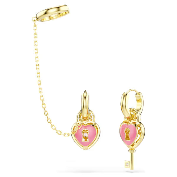 Swarovski Idyllia Drop Earrings with Ear Cuff Mixed Cuts, Heart with Key, Pink, 18k Gold-Plated Finish 5737294