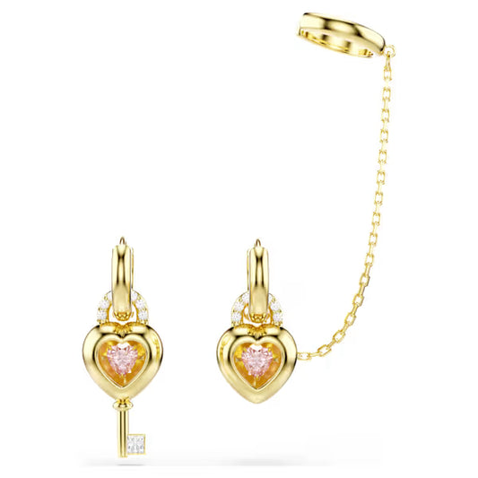 Swarovski Idyllia Drop Earrings with Ear Cuff Mixed Cuts, Heart with Key, Pink, 18k Gold-Plated Finish 5737294