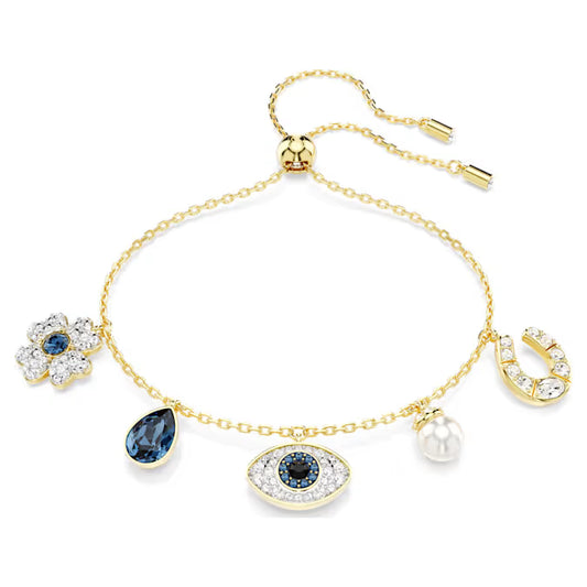 Swarovski Symbolica Bracelet Crystal Pearl, Clover, Evil Eye and Horseshoe, Blue, Gold-Tone Plated 5692162