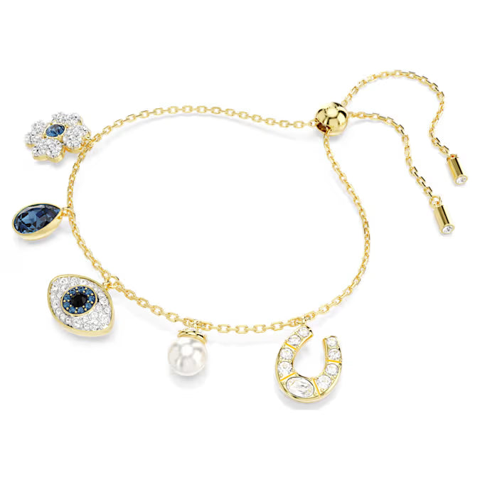 Swarovski Symbolica Bracelet Crystal Pearl, Clover, Evil Eye and Horseshoe, Blue, Gold-Tone Plated 5692162