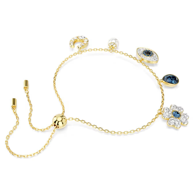 Swarovski Symbolica Bracelet Crystal Pearl, Clover, Evil Eye and Horseshoe, Blue, Gold-Tone Plated 5692162