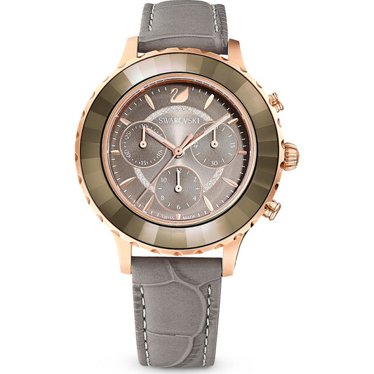 Swarovski Octea Lux Chrono watch, Leather strap, Gray, Rose-gold tone PVD 5452495