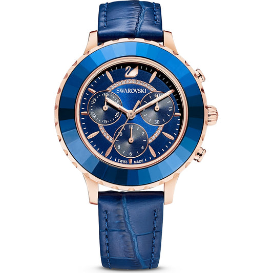 Swarovski Octea Lux Chrono watch, Leather strap, Blue, Rose-gold tone PVD 5563480