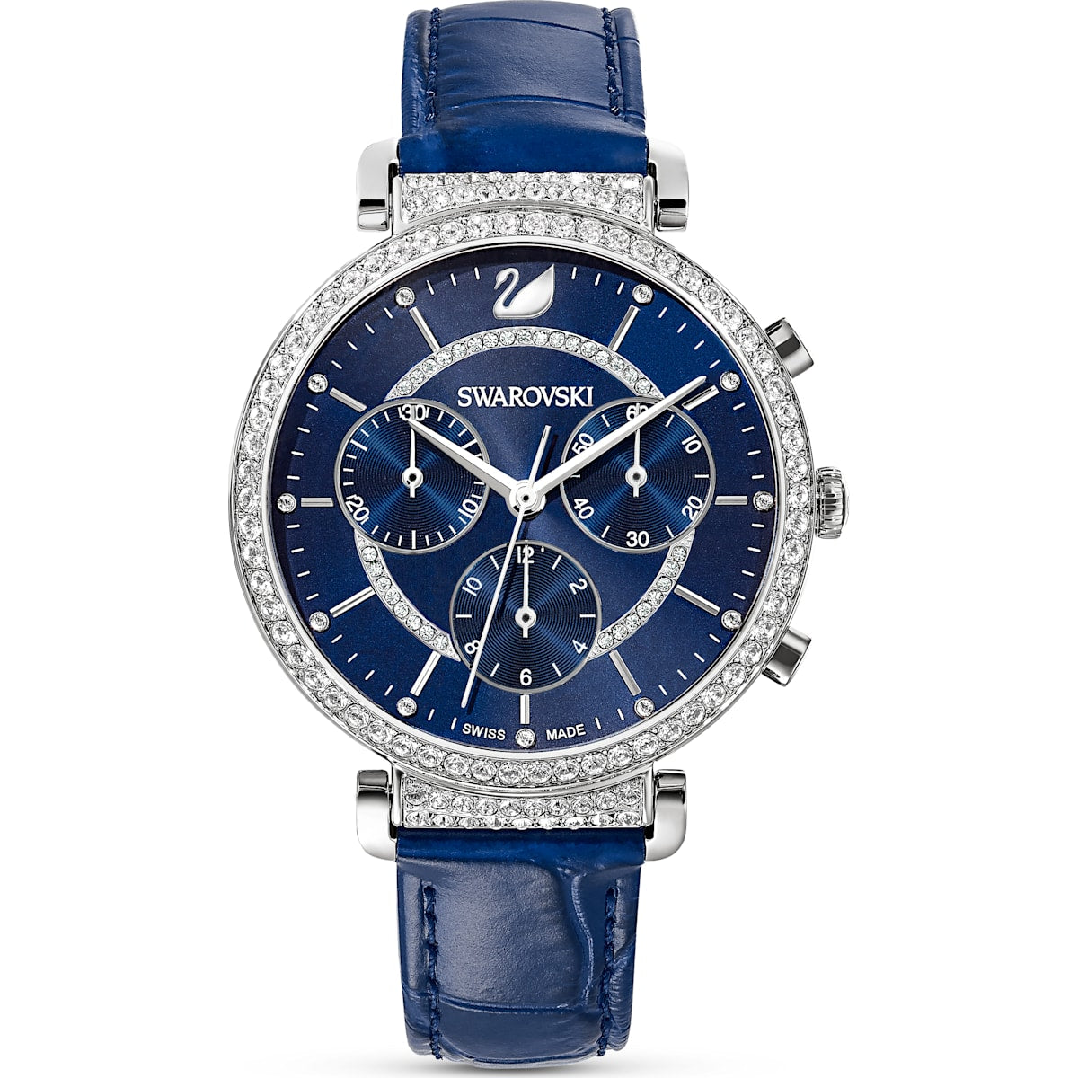 Swarovski Passage Chrono watch, Leather strap, Blue, Stainless steel 5580342