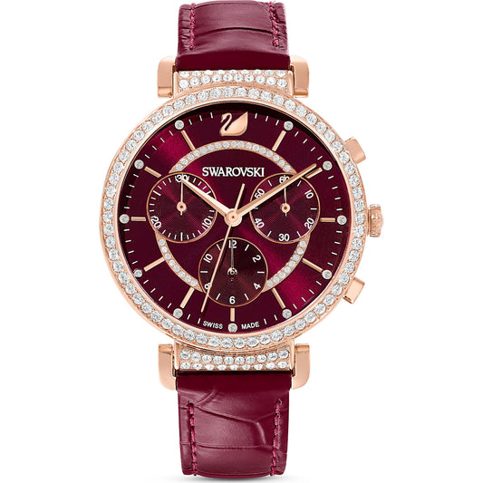 Swarovski Passage Chrono watch, Leather strap, Red, Rose-gold tone PVD 5580345