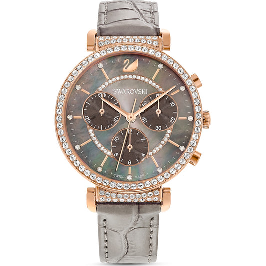 Swarovski Passage Chrono watch, Leather strap, Gray, Rose-gold tone PVD 5580348