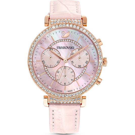 Swarovski Passage Chrono watch, Leather strap, Pink, Rose-gold tone PVD 5580352