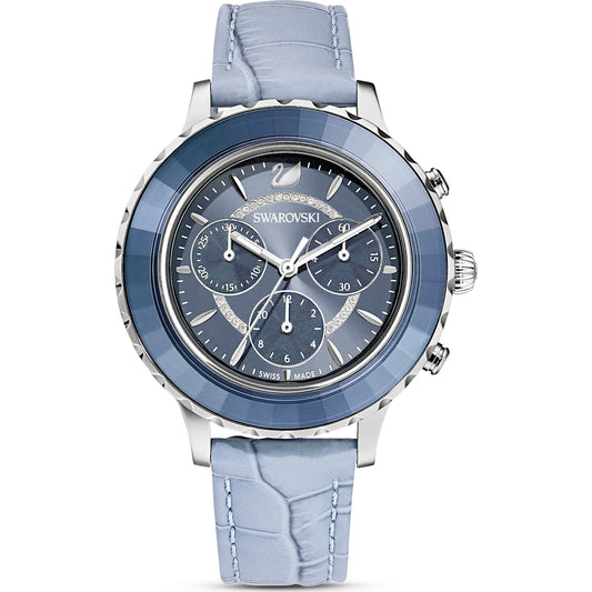 Swarovski Octea Lux Chrono watch, Leather strap, Blue, Stainless steel 5580600