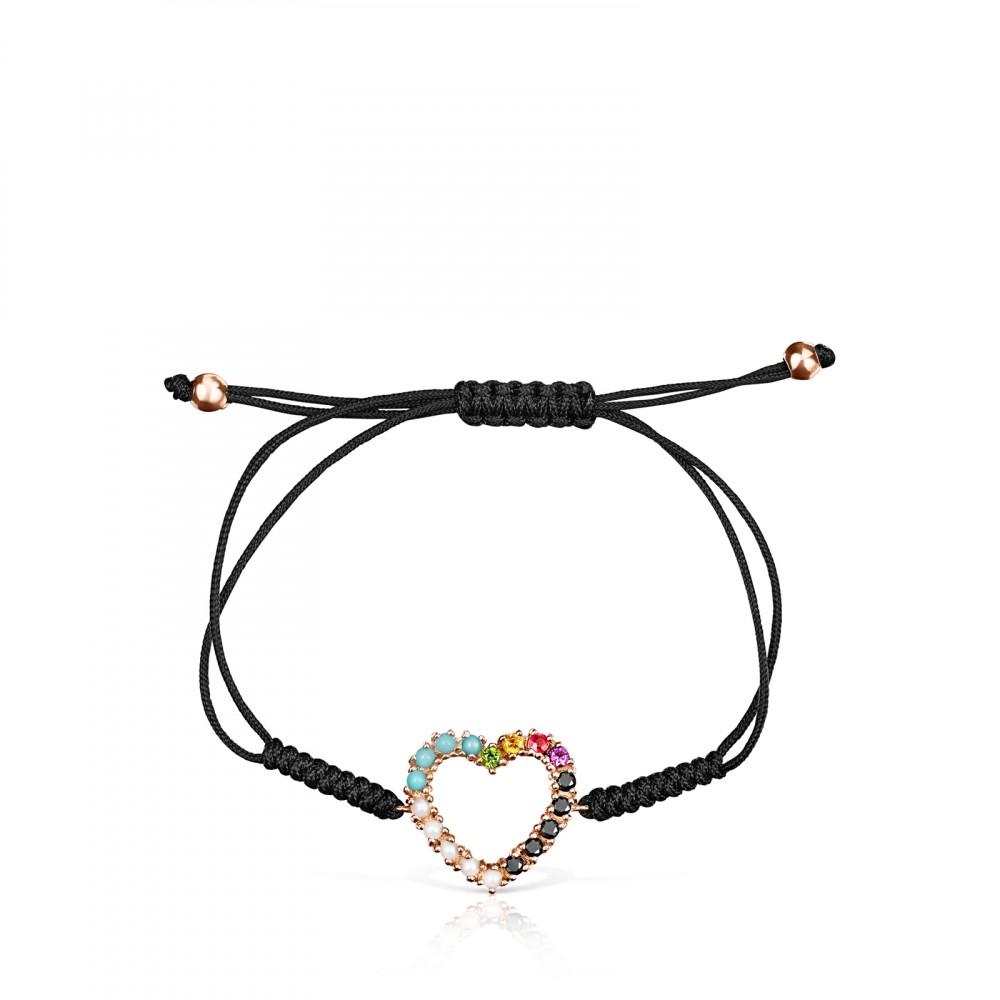 Tous Rose Gold Vermeil San Valentín heart Bracelet with Gemstones and black Cord 915301510